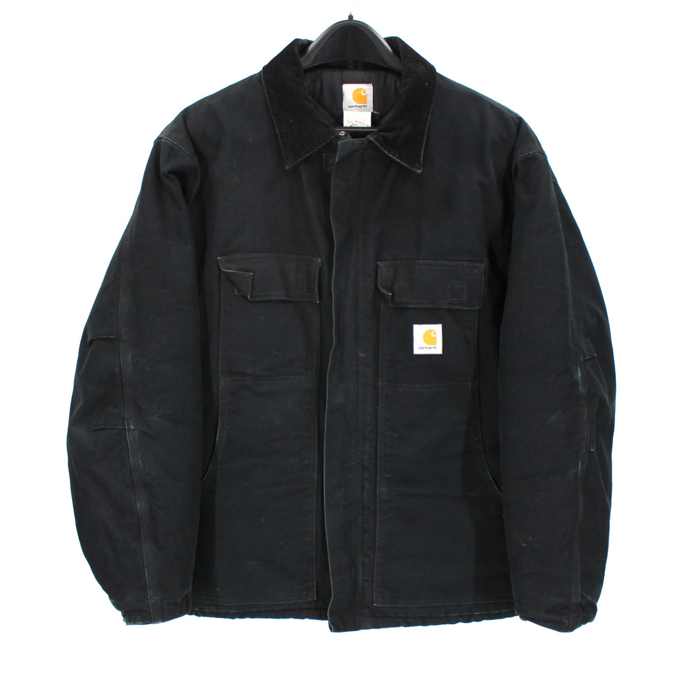 Carhartt Black Quilt Lined Corduroy Collar Work Duck Coat 46R Barn Chore Jacket